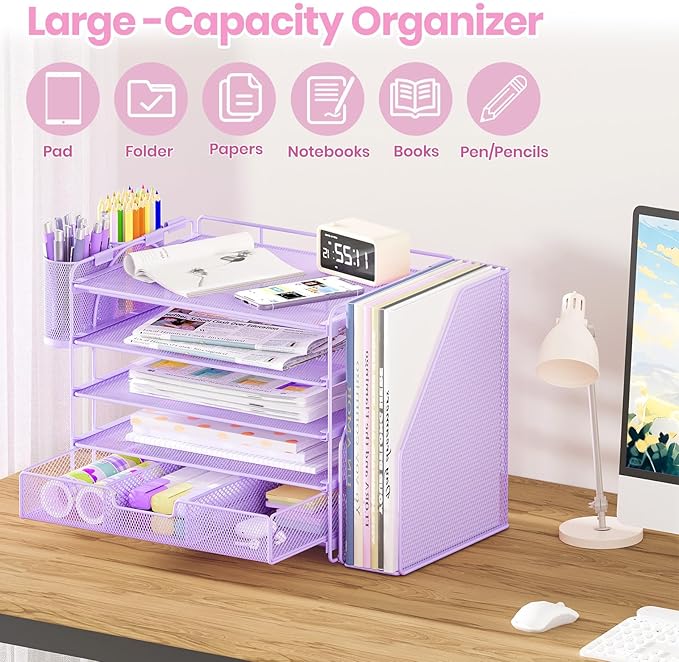 OPNICE Desk Organizer, 5-Tier Paper File Organizer with Drawer & Pen Holder, Office Desk Accessories, Workspace Desktop Organizer for Office Supplies(Purple)