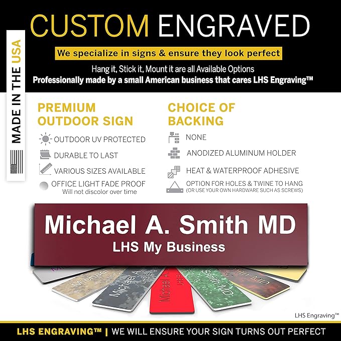 Personalized Name Plate with Choice of Mounting for Walls, Doors, Desk Holders, Cubicles, Hanging and More - Custom Burgandy Plastic White Letters - USA Made 2x8 - B26
