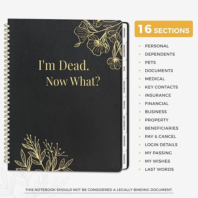SUNEE End of Life Planner - I‘m Dead Now What Planner, Large Print Spiral-Bound Estate Organizer with Tabs for Seniors & Family. Covers Final Wishes, Passwords & Funeral Planning.A4（9"x11.2"),Black