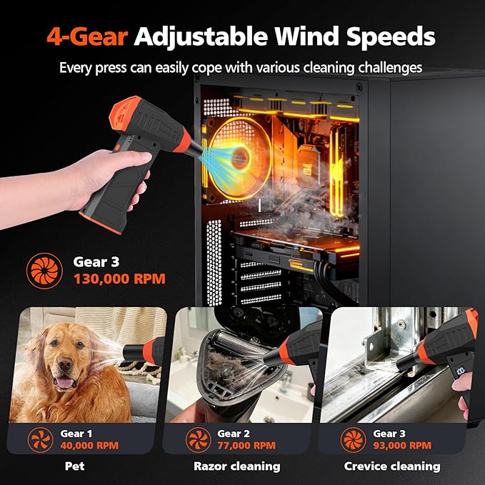 Electric Compressed Air Duster, 110000RPM Cordless Portable Air Blower Mini Powerful Jet Dry Blower 4 Adjustable Speeds Levels Rechargeable for Keyboard, PC, Car