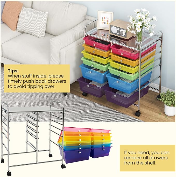 LDAILY 12 Drawer Rolling Storage Cart, Craft Cart Organizer on Wheels w/Metal Frame, Large Capacity & Smooth Drawer, Rolling Cart w/Drawers for Classroom, Office