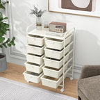 HAPPYGRILL 10-Drawer Rolling Storage Cart, Storage Organizer Cart with Lockable Wheels, Beauty Salon Movable Utility Cart for School, Office, Home, (Ivory)