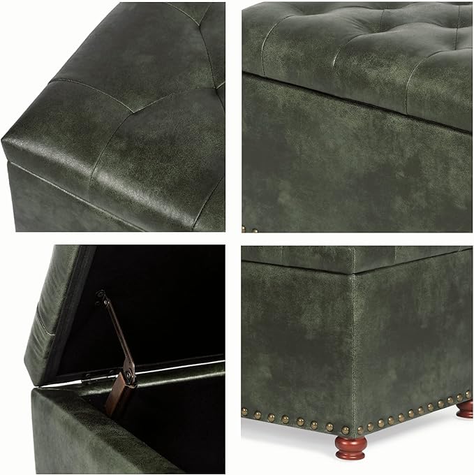 Decent Home 24'' Leather Ottoman with Storage Rectangle Foot Rest Ottomans Stool for Living Room(Green,Leather Texture)