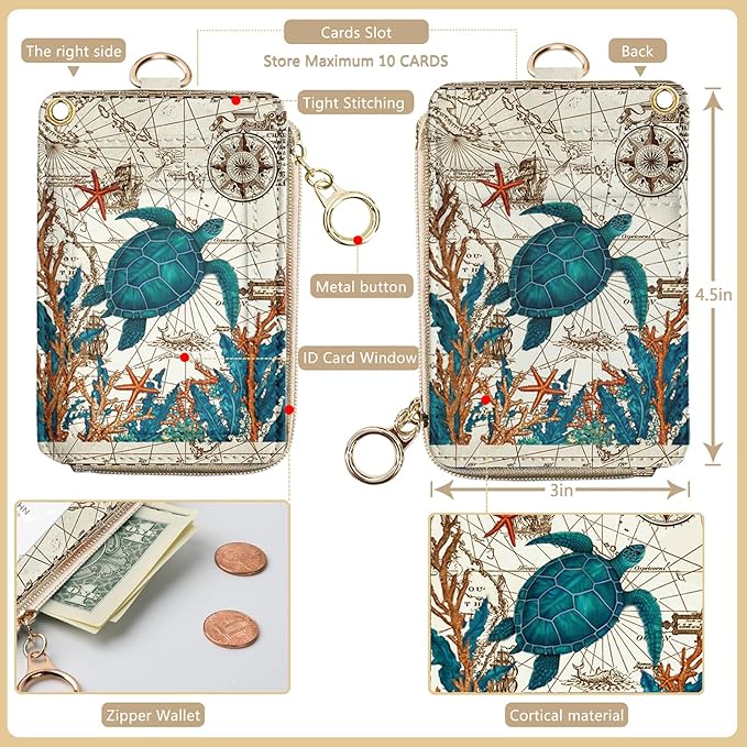 bolimoss Turtle Lanyard Wallet with Id Badge Holder, Cute RFID Small Wristlet Keychain Wallet, Zipper Credit Card Holder Phone Wrist Neck Strap for Key Name Tag, Teacher Student Office Women