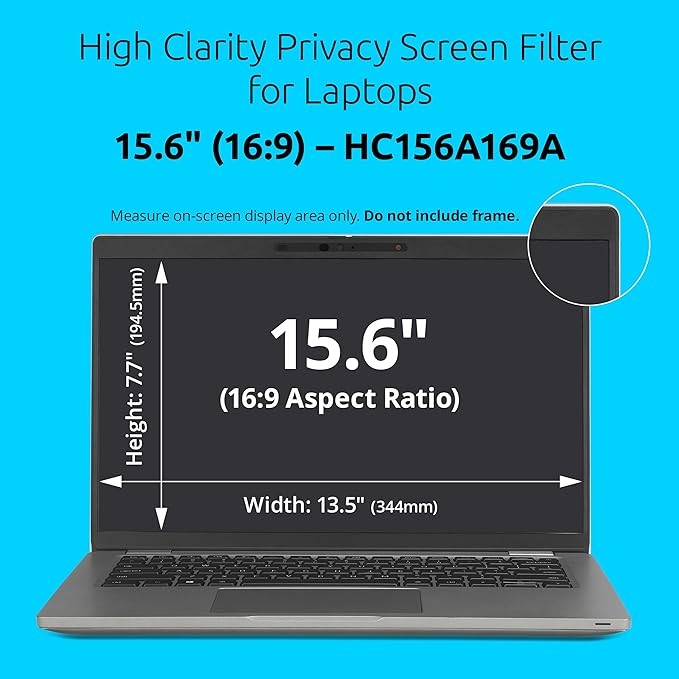 Kensington High Clarity Privacy Screens Filter for 15.6 inch 16:9 Laptops, Easy Installation Privacy Filter, Anti-Glare, 2H Hardness Protection, Compatible with HP Lenovo Samsung Asus HC156A169A