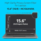 Kensington High Clarity Privacy Screens Filter for 15.6 inch 16:9 Laptops, Easy Installation Privacy Filter, Anti-Glare, 2H Hardness Protection, Compatible with HP Lenovo Samsung Asus HC156A169A