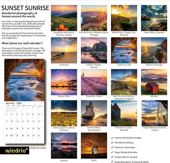 2026 Wall Calendar,Calendar 2026, November 2025 - December 2026, Wall Calendar Sunset, 12" x 24" Opened,Full Page Months Thick & Sturdy Paper for Calendar Organizing & Planning