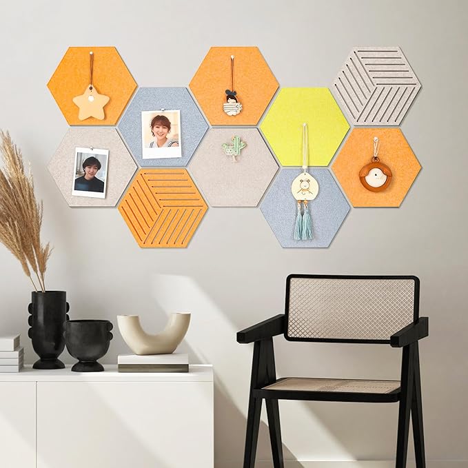 Fwpelt 12'' Medium Hexagon Cork-Bulletin Board Tiles Frameless 10 Pack Adhesive Removable Felt Corkboard Decorative Prayer-Vision Board for Home-Office Wall Decor, Hex Tack Pinboard with 30 Pushpins