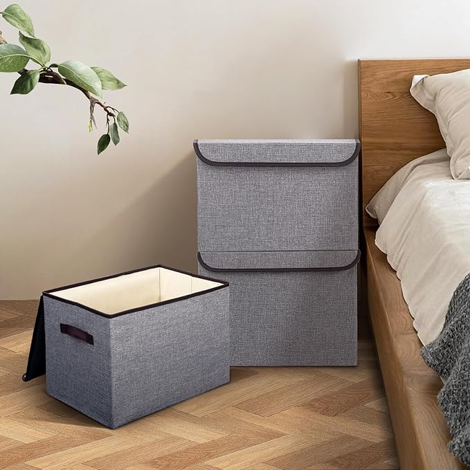 Bagnizer Linen Fabric Foldable Storage Cube Bin Organizer Basket with Flip-Top Lid & Handles, Large Clothes Blanket Box for Home, Office, Closet, Light Gray, 4 Pack 14.6 x 9.5 x 9.5”