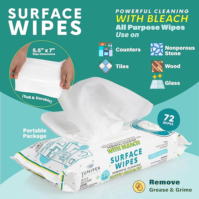 Juniper CLEAN 3 Pack Surface Cleaning Wipes with Bleach, All-Purpose Cleaner for Bathroom, Kitchen, Office, 216 Count Soft Flow, Fresh Scent, Lint Free & Durable