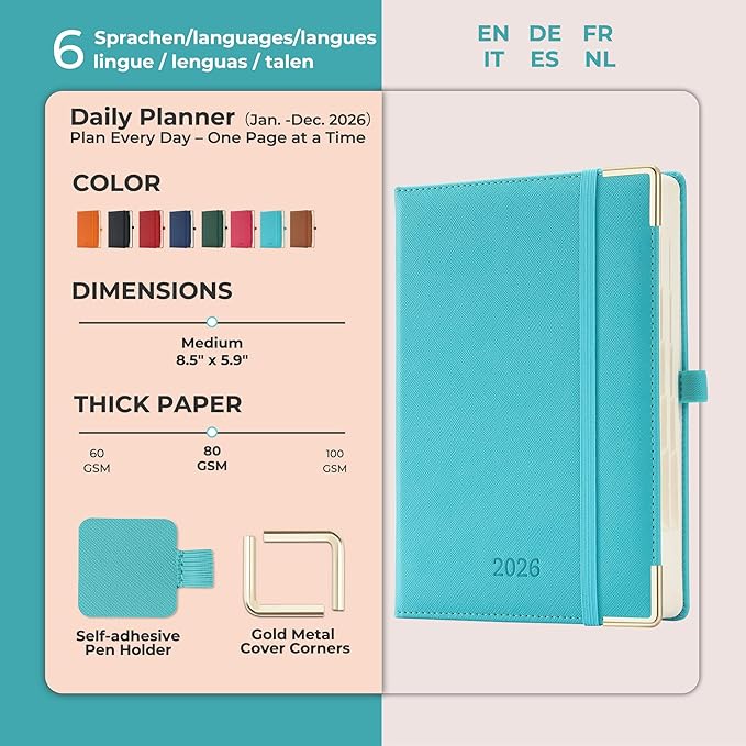 IN-LUXPRO Daily Planner 2026 with One Page Per Day,(A5-8.5" x 5.9"),12 Months Calendar Hourly Appointment Book Monthly Tabs & Self-adhesive Pen Holder,Inner Pocket, Vegan Leather Hardback,Light Blue
