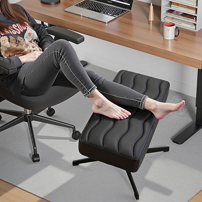 VECELO Under Desk Footrest, PU Ergonomic Foot Rest with Comfort Padding, Height Adjustable for Relieving Leg Pain, Stiffness, Black
