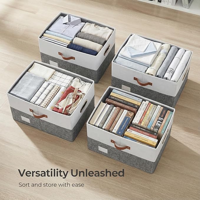 PRANDOM Storage Bins with Lids [3-Pack] Linen Fabric Foldable Storage Boxes Organizer Containers Baskets Cube with Cover for Bedroom Closet Office Grey&White (23.4X15.9X11.4)