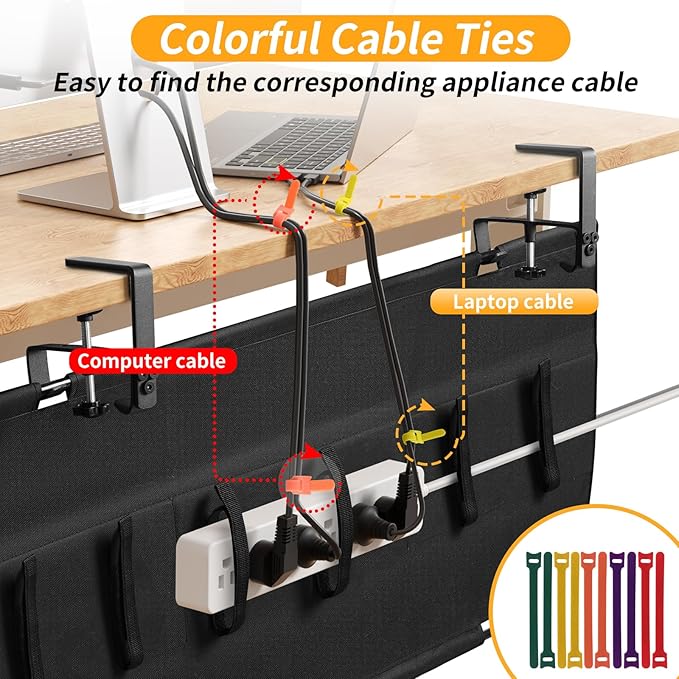 SUREUP9 No Drill Under Desk Cable Management Tray, 48" Cord Organizer with Clamp, Fabric Cable Management for Standing Desks, Ideal for Home & Office - Black