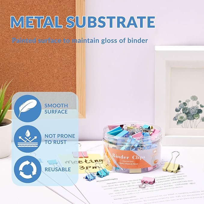NEEWAY 100 Count Binder Clips Assorted Sizes, Paper Binder Clips (0.6inch 0.75inch 1inch), Metal Paper Clamps for Office and Home
