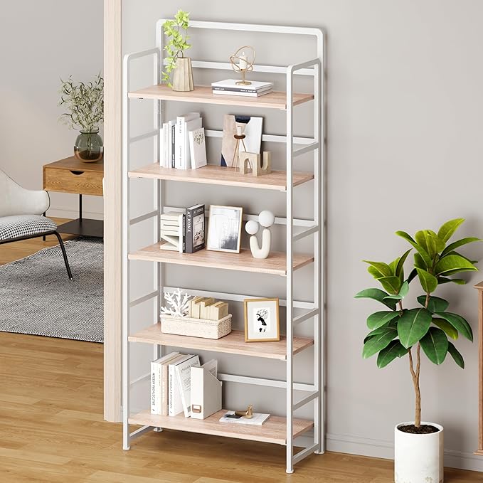THKKY No Assembly Folding Bookshelf, 5 Tiers Collapsible Book Shelf for Home Office, Vintage Wood Foldable Bookcase Storage Organizer for Living Room Bedroom (Beige)