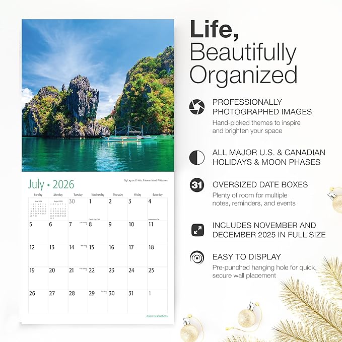 RED EMBER Asian Destinations 2026 Wall Calendar 12 Month | 12" x 24" Open | Thick & Sturdy Paper | Holiday Gift | Travel Calendar 2026