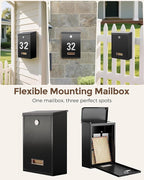 LAND·VOI Locking Wall-Mount Mailbox for Outside, with 4 Keys, Galvanized Steel Rustproof Metal Postbox, 3.1" Dx7.5 Wx10.8 H, Includes 3 Sets of Mailbox Numbers, Nameplate, Black, AMB32B