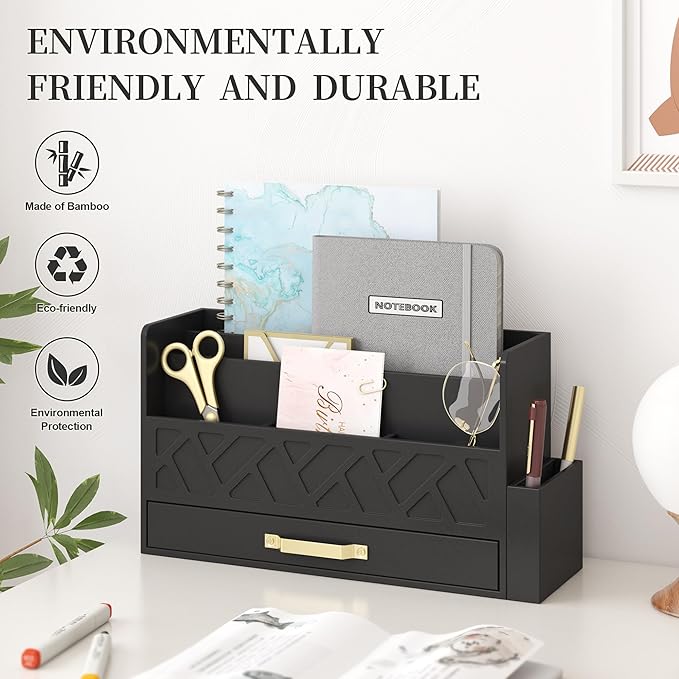 Wisuse Desk Mail Organizer with Drawer - Bamboo Wooden File Bill Sorter Storage Box for Desktop, Letter Countertop Holder for Home Office School Organization Tabletop Accessories Supplies (Black)