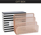 BLU MONACO Rose Gold Metal Mesh Letter Sorter | 3-Slot Vertical Mail Organizer for Desk, Office and Home | Compact Mail Holder for Envelopes, Documents and Files | Modern Desktop Organizer