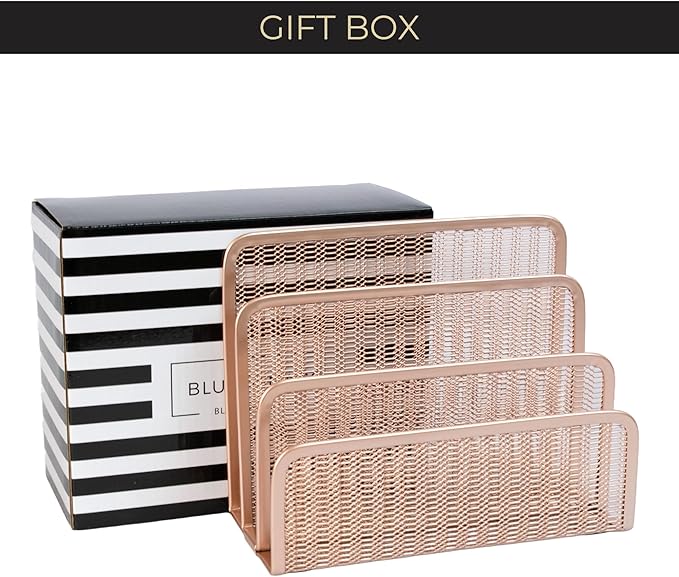 BLU MONACO Rose Gold Metal Mesh Letter Sorter | 3-Slot Vertical Mail Organizer for Desk, Office and Home | Compact Mail Holder for Envelopes, Documents and Files | Modern Desktop Organizer