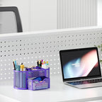 EasyPAG Mesh Pen Holder Desk Organizer with Drawer Stationery Supplies Organizer for Dorm School 9 Compartments Workspace Desk Accessories Organization for Office, Purple