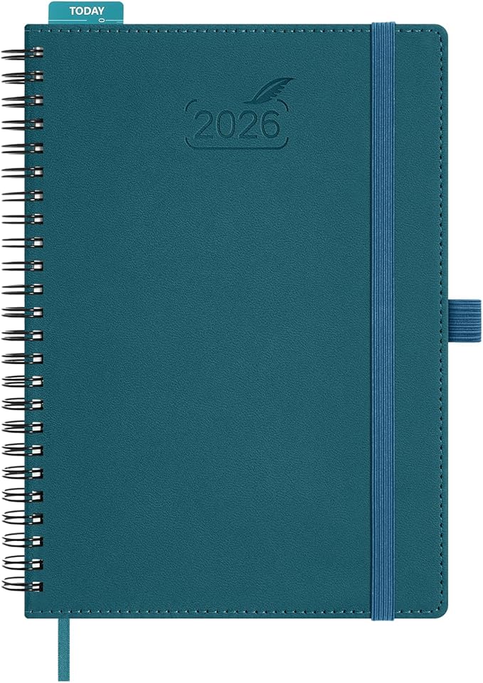 BEZEND 2026 Planner Weekly and Monthly (6" x 8.5" Spiral) Daily Calendar with Hourly Timeslots & Tabs (Jan-Dec) Note & Expenses, Pen Holder, Inner Pocket, Vegan Leather Softcover - Dark Green