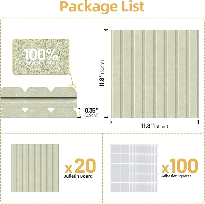 Large Cork Board for Wall 48" x 60" Sage Bulletin Board with Safe Removable Adhesive Squares for Pictures Photos, Alternative CorkBoard Felt Pin Boards Tiles for Office Classroom Wall Decor - 20 Pack
