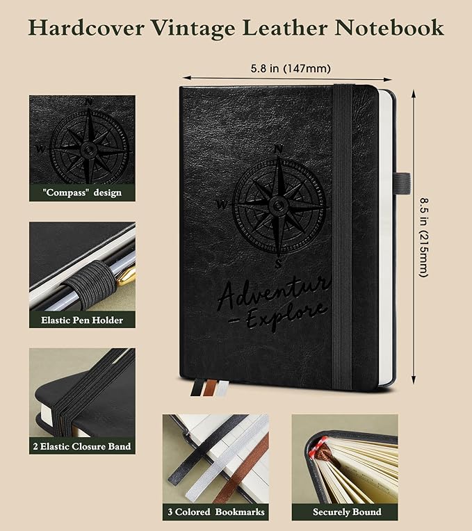 PAIBAS Graph Notebook for Women Men, 160 Pages Grid Paper, Graphing Notebooks for School, Work, Quad Ruled, Inner Pocket, A5 Hardcover Vintage Leather Journals for Writing, 5.8"x8.5" (Black)