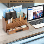 dreampossible Brown Wood Desk Organizer and Accessories with Drawer, Bill Mail Organizer and File Mail Holder for Office Supplies, Modern Desk Accessories & Workspace Organizers for Desk Organization