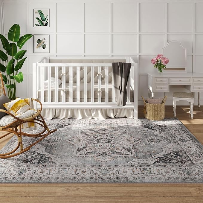 Rugcomf Vintage Medallion 4'x6' Rug - Machine Washable Area Rug, Non-Slip Low Pile Boho Carpet for Girl/Boys Room, Living Room, Kids, Entry - Grey and White