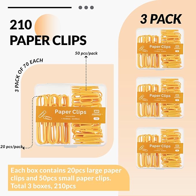 NEEWAY Colorful Paper Clips Assorted Sizes, Small and Large Paper Clips, 210 Count, 3 Pack of 70 (Orange)