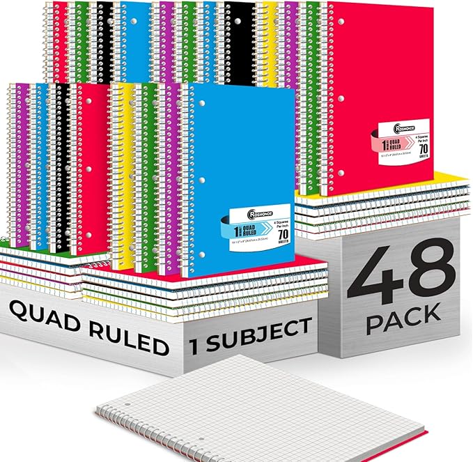 Rosmonde Bulk 1 Subject Spiral Notebook Graph Paper, 50 Pack, 140 Pages (70 Sheets), 8.5 x 10.5, Bulk 4x4 Grid Quad Ruled Spiral Notebook, 3 Hole Punched, Bulk Quad Ruled Graph Paper Spiral Notebooks