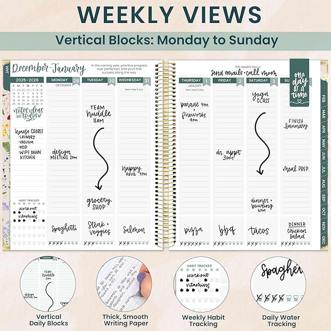 bloom daily planners 2026 Hardcover Calendar Year Goal & Vision Planner (January to December) - Monthly & Weekly Agenda Organizer - 7.5" x 9" - Garden Party, Beige