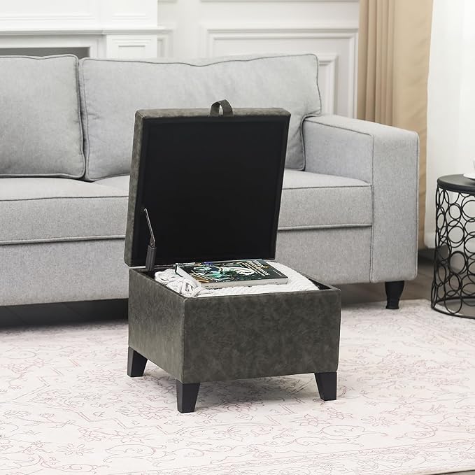 Adeco Small Faux Leather Storage Ottoman Bench with Wood Legs, 15.2" Square Mixed Grey PU Cube Foot Stool, Upholstered Button Tufted Vanity Chair with Hinged Lid for Living Room, Bedroom, Dorm