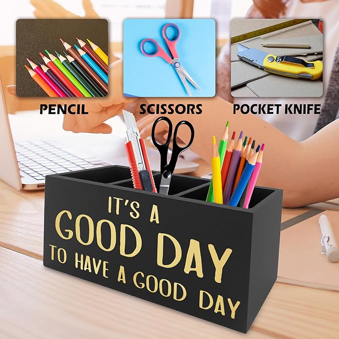QZQE Inspirational Office Pen Pencil Holder Organizer for Desk, It's a Good Day to Have a Good Day Positive Wooden Box Signs Decorations for Home Office Desk Tabletop, Motivational Gifts for Women