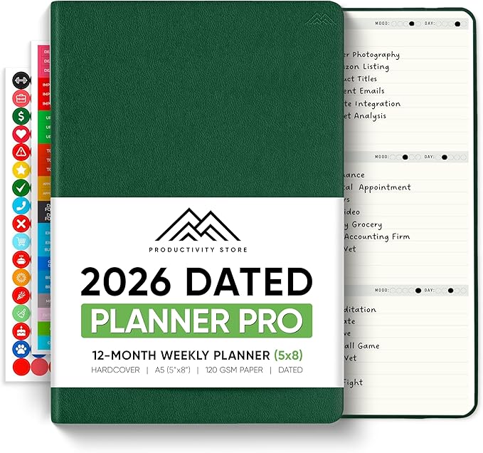 Dated, 2026 Planner, 5.8” x 8.3” - The #1 Productivity Planner to Achieve Your 2026 Goals - Planner 2026-2027 by PRODUCTIVITY STORE (A5, GREEN)