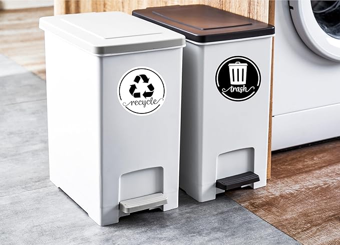 Strong Trash and Recycle Magnets, 3.5" Recycle Magnet for Trash Can, Magnetic Recycling Stickers for Kitchen Garbage Can and Recycling Bins with 4 Adhesive Stickers, Made in USA, White & Black 2 Pcs