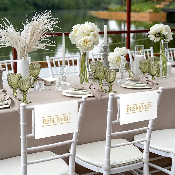 Buryeah 6 Pcs Reserved Seating Signs for Chairs Church Pew Reserved Chair Signs Placeholder with Printed Words for Weddings Parties Celebrations Receptions Church or Event (White,Gold)