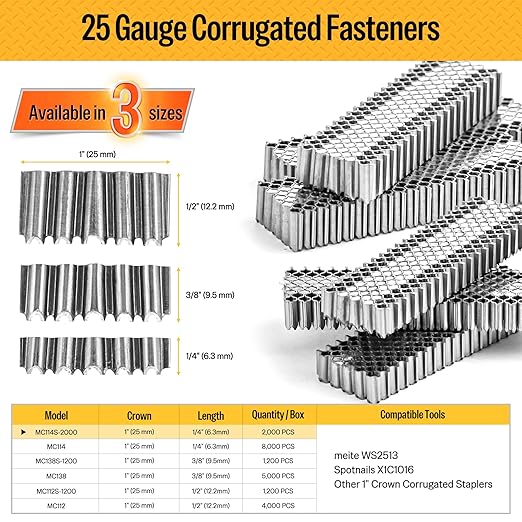 meite Corrugated Fasteners MC114 25 Gauge 1-Inch Crown 1/4-Inch Length Staples Corrugated W Fasteners for Pneumatic Corrugated Tools, for Woodworking Projects (2,000 Counts/Box)