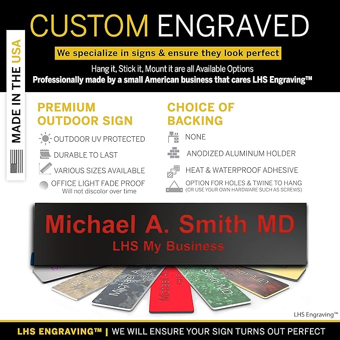 Custom Name Plate with Choice of Mounting for Walls, Doors, Desk Holders, Cubicles, Hanging and More - Personalized Black Plastic Red Letters - USA Made 2x8 - B19