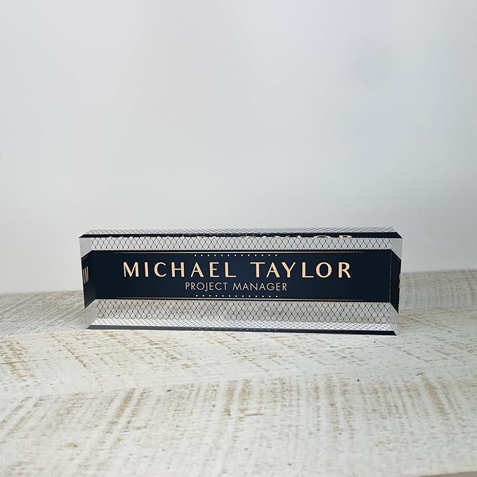 Artblox Personalized Office Desk Name Plate With Business Card Holder | Clear Acrylic Glass with Teak Wood Stand | Net Shape Design Customized with Your Name and Credentials Office Desk Décor