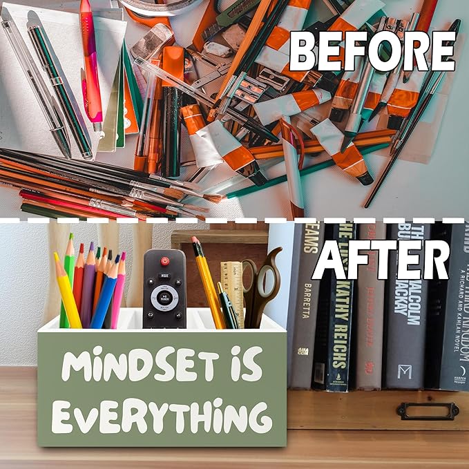 XPH Green Inspirational Pen Pencil Holder Organizer for Desk, Inspirational Gifts for Women, Mindset Is Everything Motivational Wooden Box Sign for Home Office Desk Tabletop Decorations
