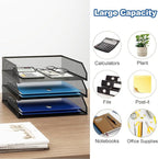 Natwind 3-Tier Stackable Paper Tray, Metal Mesh Desktop Organizer, A4 Paper Sorter, Letter Trays,File Folder Sorter Organizer with Sliding Tray for Home, Office, School (Black)