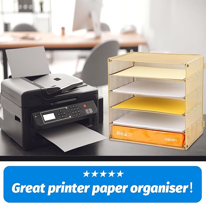 EASEPRES 5 Slot Mesh Desk Organizer Tray, File Paper Letter Folder Holder Desktop Paper Sorter Mail Organization Rack Storage Accessories, for Office Home School Classroom, Gold