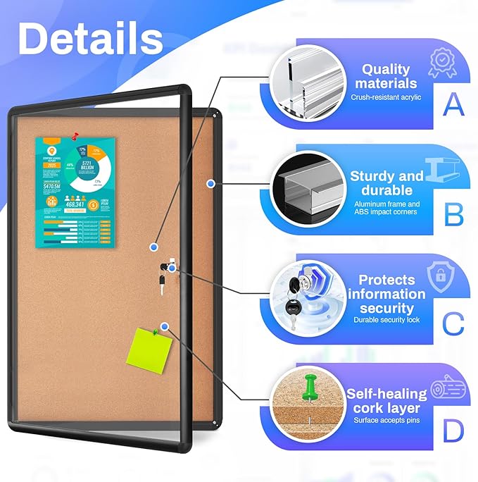 Magula 36"x24" Enclosed Bulletin Board Tamper-Proof Dispaly Case, Black Aluminium Frame, Shatter Resistant Lockable Bulletin Board, Enclosed Cork Board for School, Office,Commercial,Hospital etc