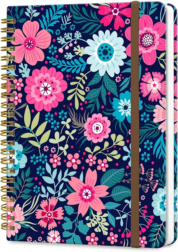 DHGPTS Spiral Journal Notebook, A5 Cute Notebooks for Women Men, College Ruled Hardcover Notebook for Work & Note Taking, 60 Pages Double-Wire Journals for Writing, Cute Purple Flowers
