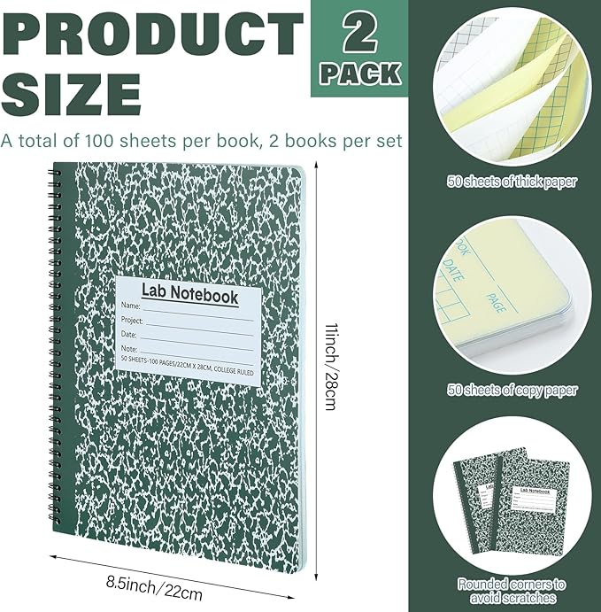 Affrolling 2 Pack Carbonless Lab Notebook Carbon Copy 8.5'' x 11'' 50 Set of Pages 100 Pages Total Laboratory Engineering Chemistry Computation Notebook Science Grid Coil Binding(Dark Green and White)
