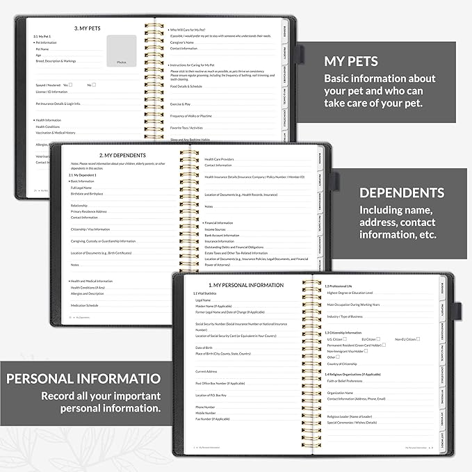 SUNEE End of Life Planner - I‘m Dead Now What Planner, Large Print Spiral-Bound Estate Organizer with Tabs for Seniors & Family. Covers Final Wishes, Passwords & Funeral Planning.A5 (6.4”x8.5“),Black