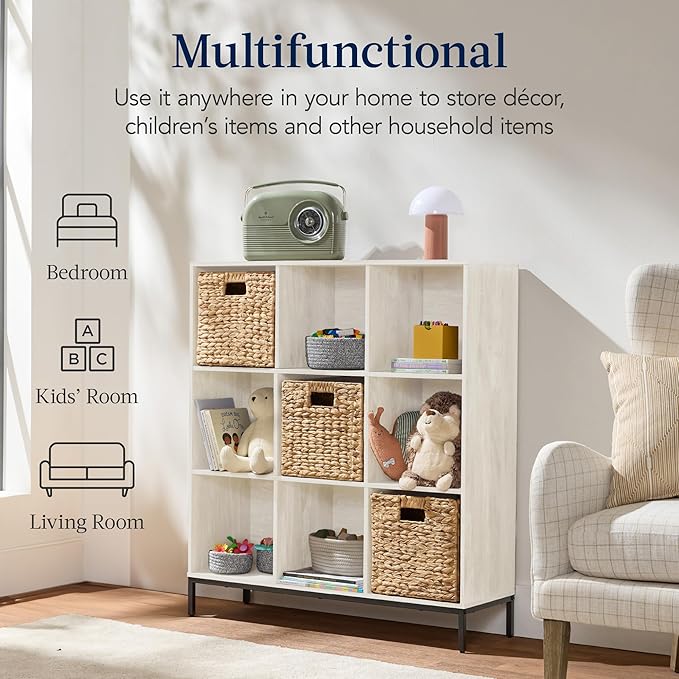 Best Choice Products 9-Cube Bookshelf, 3-Tier Wood Storage Bookcase W/Legs, 11in Shelf Opening, Cube Organizer, Living Room, Office, Nursery - Whitewash